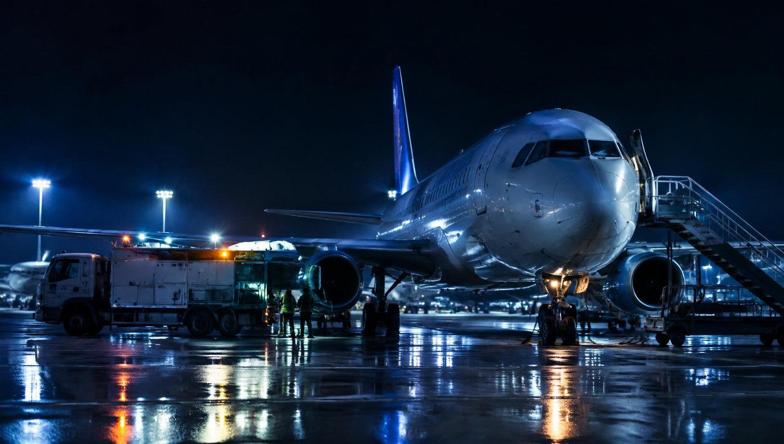 Aircraft on the ramp at night with maintenance crew